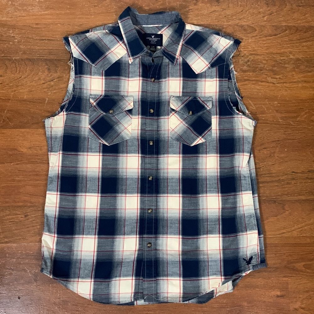 AMERICAN EAGLE pearl snap button sleeveless plaid shirt slim fit large western